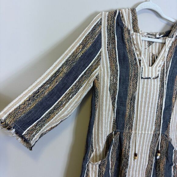 Soft Surrondings Brown & White Striped Hooded 3/4 Length Sleeve Pullover Top Sma - Picture 6 of 8